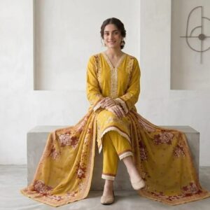 Yellow Embroidered Kurta Pajama Ready to Wear Set with Shawl
