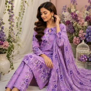 Purple Lawn Embrodierd 3 piece Suit